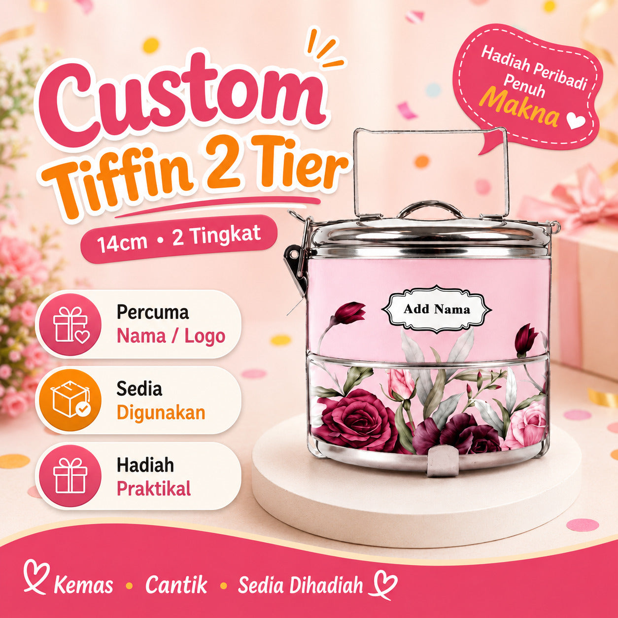 [FREE ADD NAMA/ LOGO] CUSTOMISE TIFFIN MANGKUK TINGKAT FOOD CARRIER GIFTS BIRTHDAY BERSARA TEACHER DAY 14cm - 2Tier