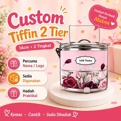 [FREE ADD NAMA/ LOGO] CUSTOMISE TIFFIN MANGKUK TINGKAT FOOD CARRIER GIFTS BIRTHDAY BERSARA TEACHER DAY 14cm - 2Tier