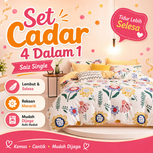 Set Cadar & Comforter Single 4-dalam-1