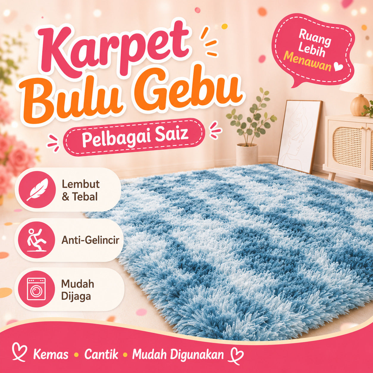KARPET BULU GEBU PELBAGAI SAIZ READY STOCK FLUFFY CARPET DUAL TONE SHAGGY CARPET / GEBU SUPER FLUFFY HARGA KILANG